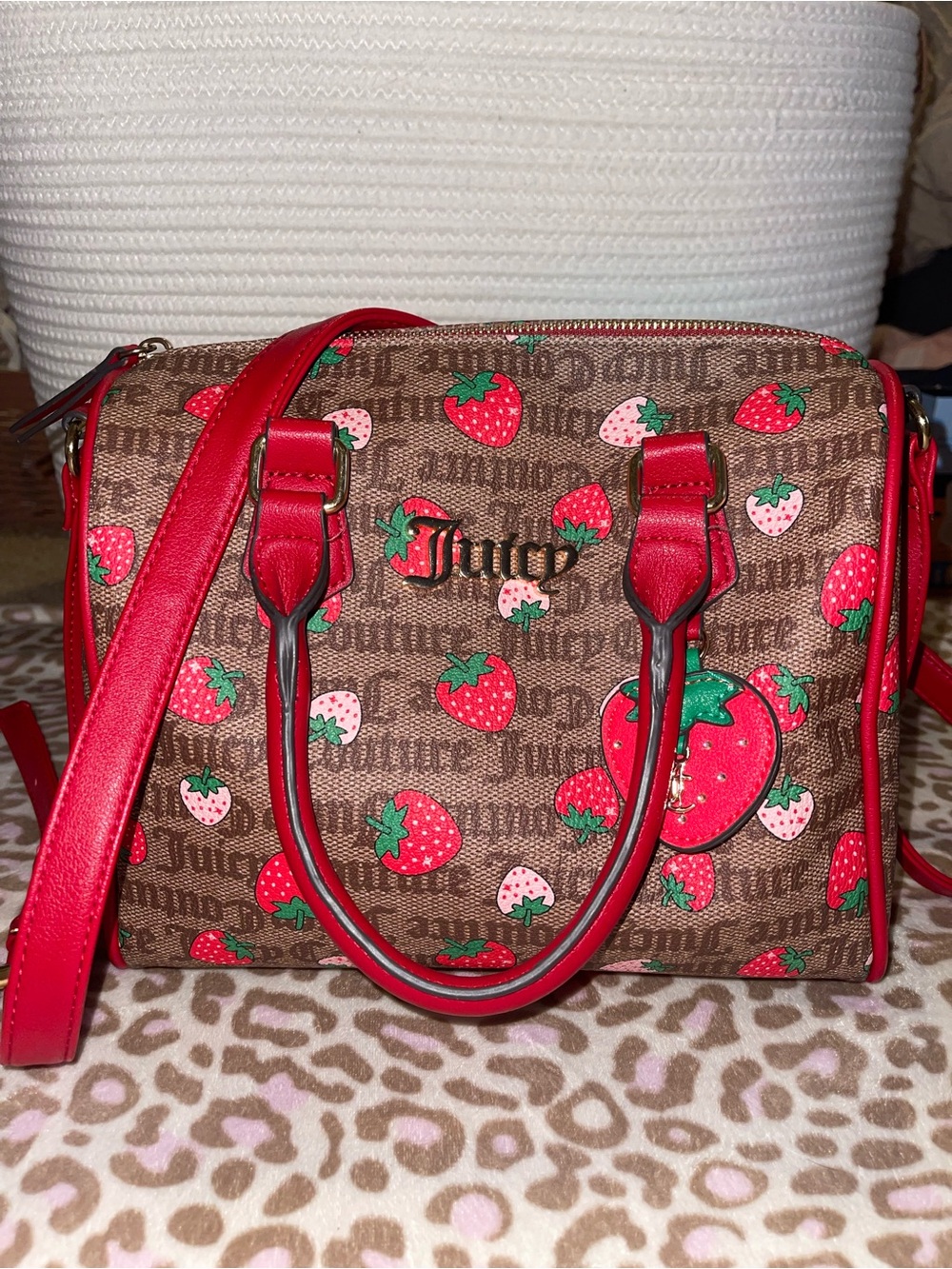 Juicy Couture Brown Monogram Satchel with Red Strawberry Print